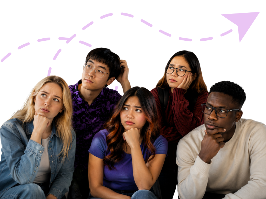 Students unsure of their next step, with an arrow pointing forward